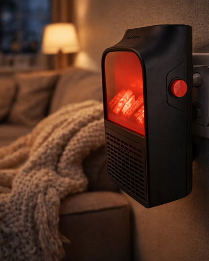Elektrinis šildytuvas 400W Mini į elektros lizdą su LED židinio efektu + nuotolinio valdymo pultas
