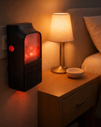 Elektrinis šildytuvas 400W Mini į elektros lizdą su LED židinio efektu + nuotolinio valdymo pultas