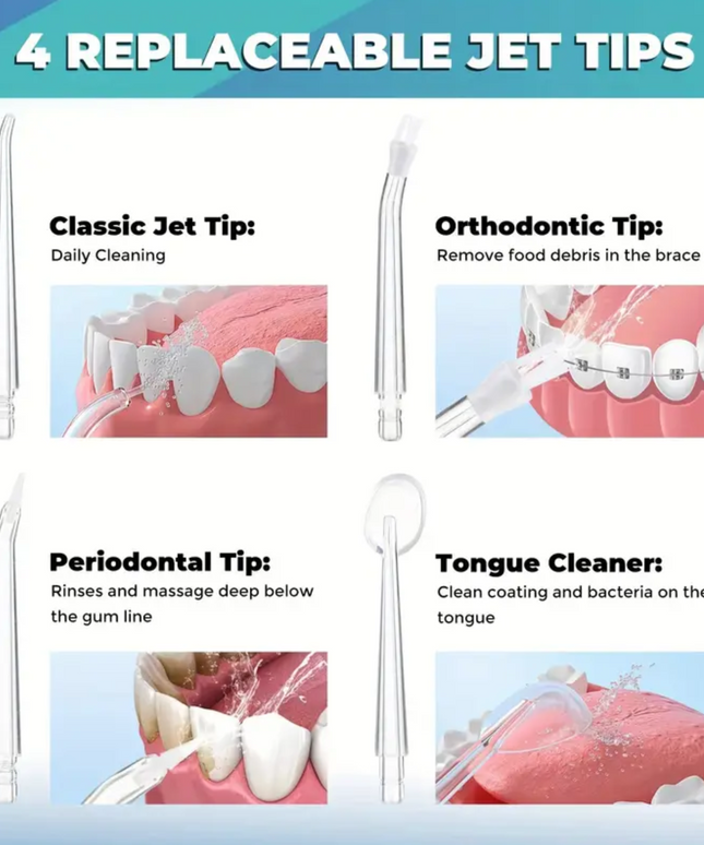Elektrinis vandens irigatorius – gilus dantų ir dantenų valymas, 4 keičiami antgaliai