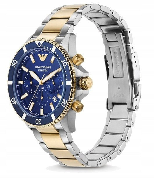 Vyriškas laikrodis Emporio Armani AR11362 Diver – nerūdijančio plieno apyrankė, chronografas, WR100 atsparumas vandeniui