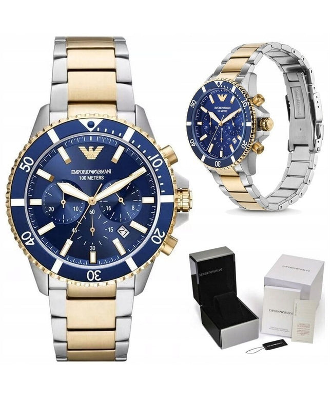 Vyriškas laikrodis Emporio Armani AR11362 Diver – nerūdijančio plieno apyrankė, chronografas, WR100 atsparumas vandeniui