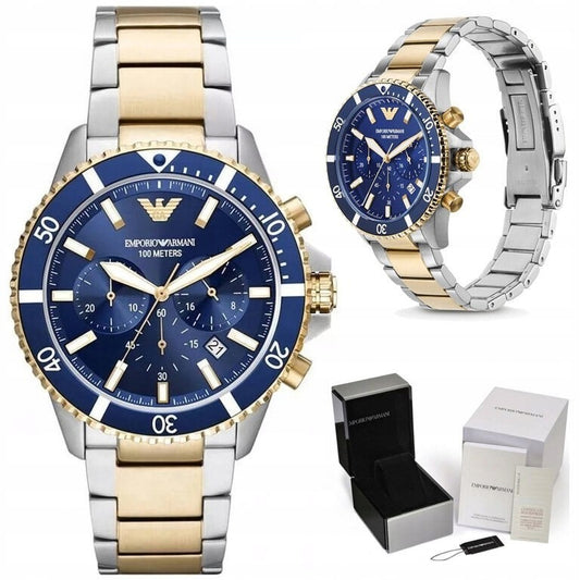 Vyriškas laikrodis Emporio Armani AR11362 Diver – nerūdijančio plieno apyrankė, chronografas, WR100 atsparumas vandeniui