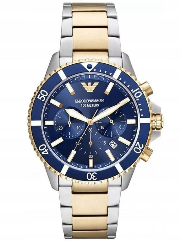 Vyriškas laikrodis Emporio Armani AR11362 Diver – nerūdijančio plieno apyrankė, chronografas, WR100 atsparumas vandeniui