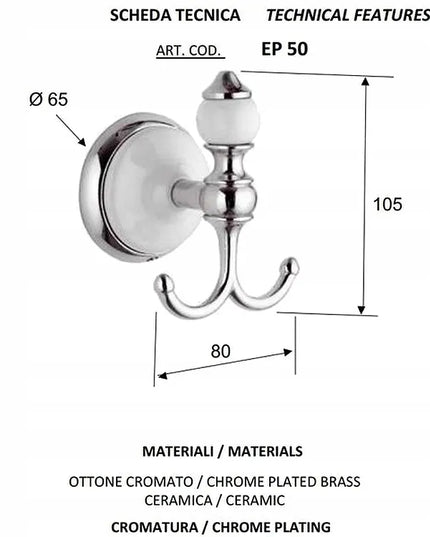 EPOCA rankšluosčių kabliukas. Chromas ir porcelanas. Retro stilius