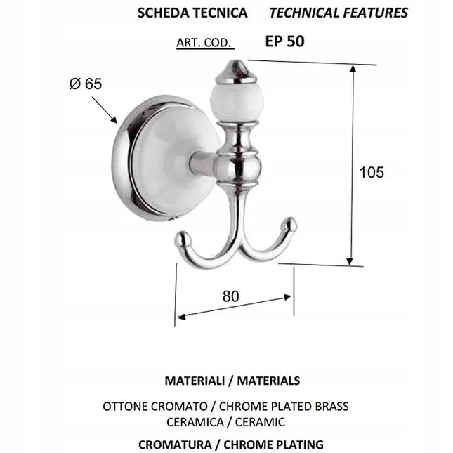 EPOCA rankšluosčių kabliukas. Chromas ir porcelanas. Retro stilius