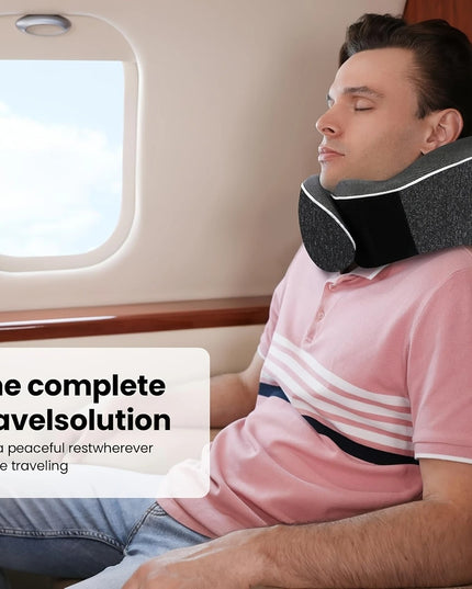 Kelioninė ergonomiška kaklo pagalvė – atminties putų kaklo atrama lėktuvui, automobiliui, miegui, reguliuojama, su laikymo maišeliu