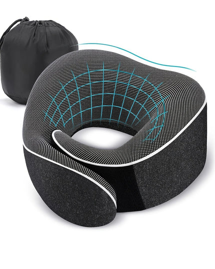 Kelioninė ergonomiška kaklo pagalvė – atminties putų kaklo atrama lėktuvui, automobiliui, miegui, reguliuojama, su laikymo maišeliu