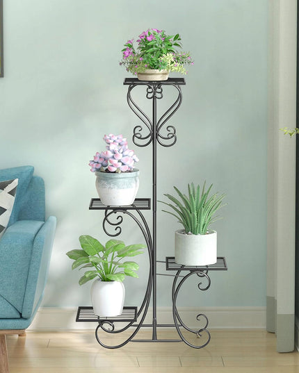 Juodas metalinis gėlių stovas su 4 lentynomis, vazonams ir augalams, lofto stiliaus