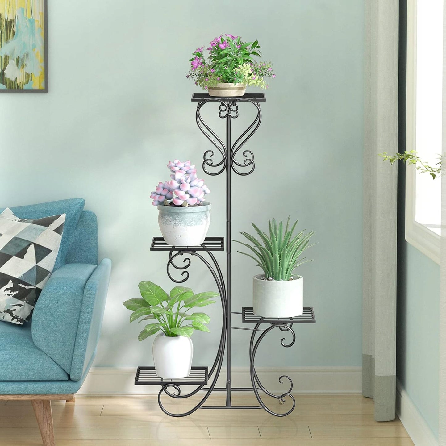 Juodas metalinis gėlių stovas su 4 lentynomis, vazonams ir augalams, lofto stiliaus