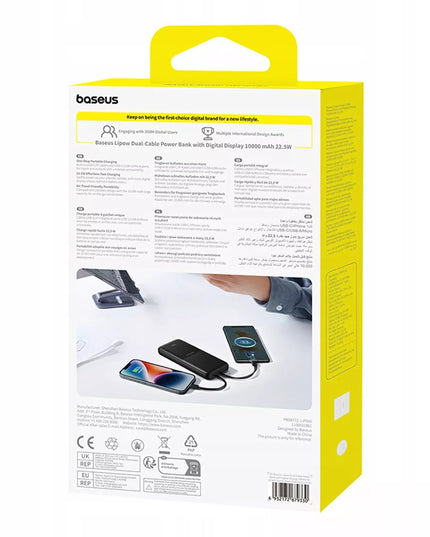 BASEUS išorinė baterija 10000mAh 22.5W USB-C USB-A su įmontuotais USB-C ir Lightning kabeliais