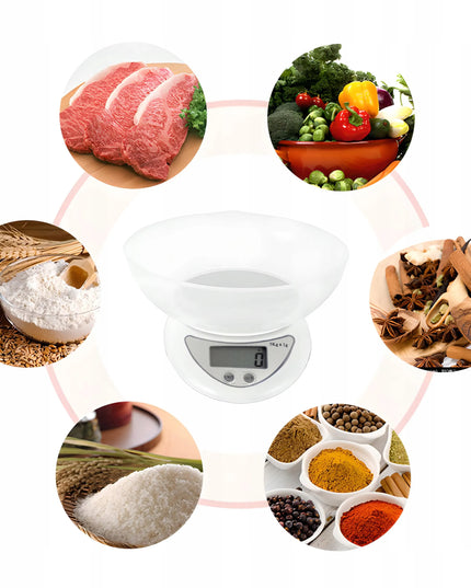 Elektroninės virtuvinės svarstyklės su dubeniu iki 5 kg, LCD ekranas, tikslios