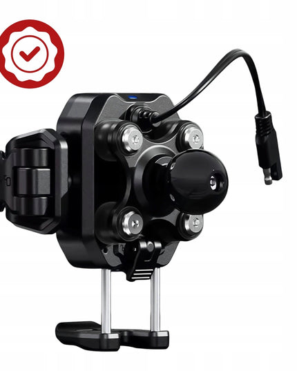 Motociklo telefono laikiklis, antivibracinis, su 15W induktyviu įkrovikliu + USB