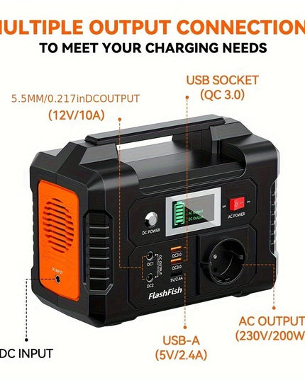 Nešiojama energijos stotelė Flashfish E200 – 200 W, 151 Wh (40800 mAh), su AC, DC ir USB, saulės įkrovimo galimybė