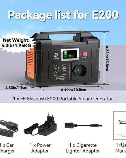 Nešiojama energijos stotelė Flashfish E200 – 200 W, 151 Wh (40800 mAh), su AC, DC ir USB, saulės įkrovimo galimybė