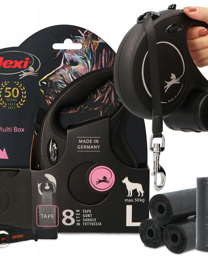 FLEXI automatinis pavadėlis su juostele 8m, Multi Box dėžute ir maišeliais šunims