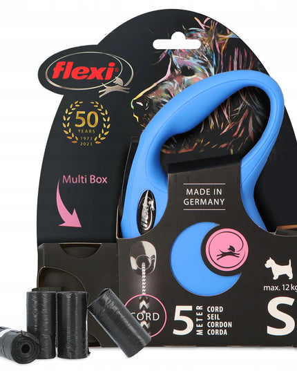 FLEXI automatinis pavadėlis šunims 12kg, 5m virvė, „Multi Box“ dėžutė, 80 maišelių, mėlynas