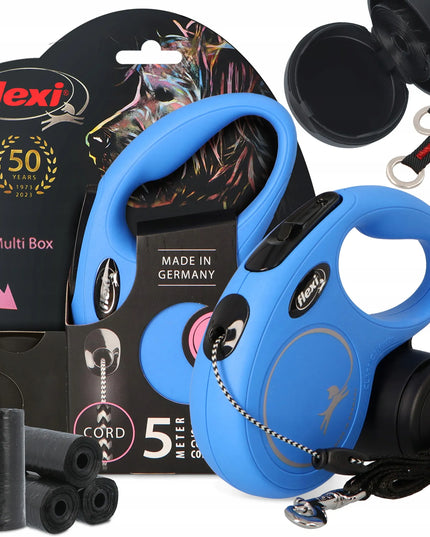 FLEXI automatinis pavadėlis šunims 12kg, 5m virvė, „Multi Box“ dėžutė, 80 maišelių, mėlynas