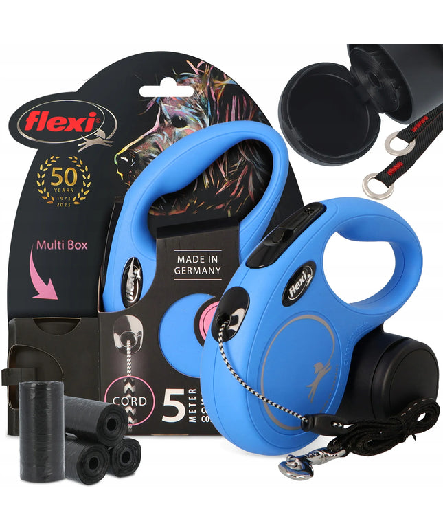 FLEXI automatinis pavadėlis šunims 12kg, 5m virvė, „Multi Box“ dėžutė, 80 maišelių, mėlynas