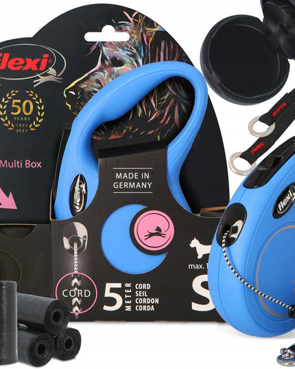FLEXI automatinis pavadėlis šunims 12kg, 5m virvė, „Multi Box“ dėžutė, 80 maišelių, mėlynas