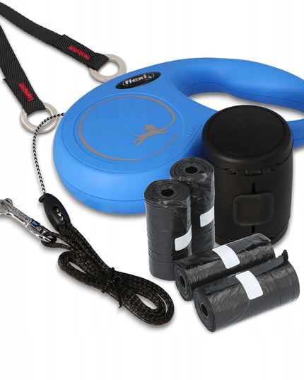 FLEXI automatinis pavadėlis šunims 12kg, 5m virvė, „Multi Box“ dėžutė, 80 maišelių, mėlynas