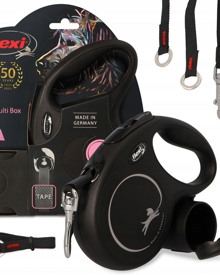 FLEXI automatinis pavadėlis šunims 5 m su „Multi Box“ dėžute, juodas