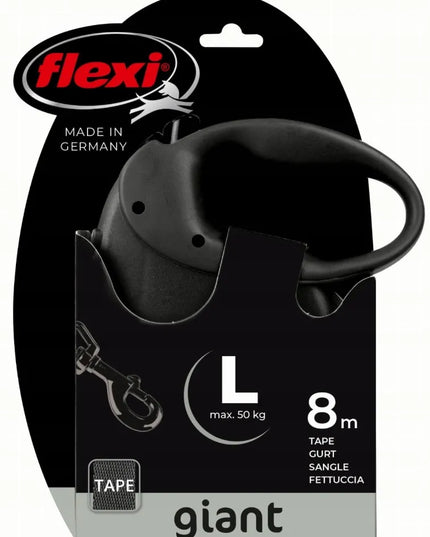 FLEXI Giant Black automatinis pavadėlis šunims, juostinis, 8 m, juodas