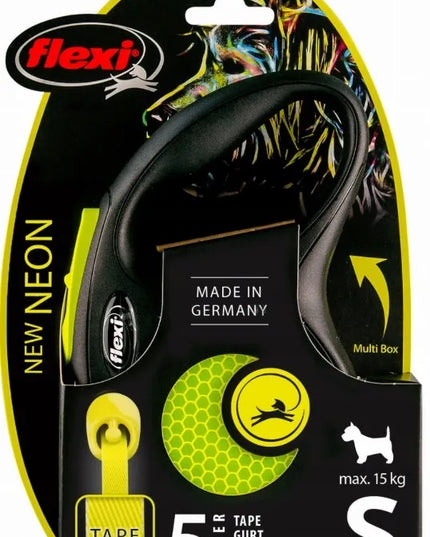 FLEXI New Neon automatinis pavadėlis šunims, dydis S, juostinis, 5 m, iki 15 kg