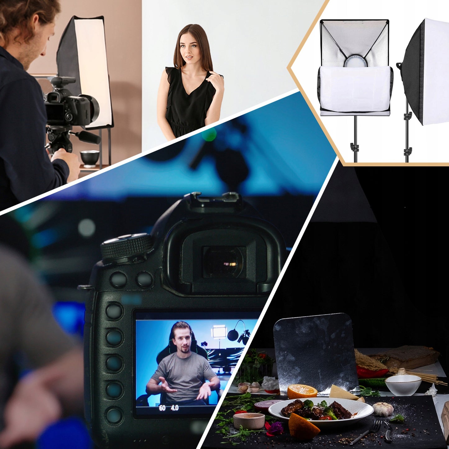 Foto studijos apšvietimo rinkinys su 2 softbox lempomis 135W 5500K ir reguliuojamais trikoju stoveliais Retoo – profesionalus apšvietimas fotografijai ir filmavimui 50x70cm