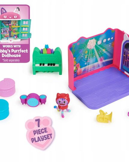 Gabby's Dollhouse muzikos kambario rinkinys su DJ Catnip figūrėle, pianinu ir būgnais