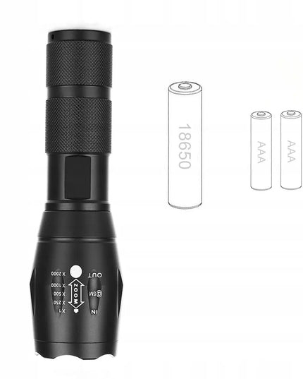 Galinga taktinė LED žibintuvėlis XML-T6 CREE su priartinimo funkcija