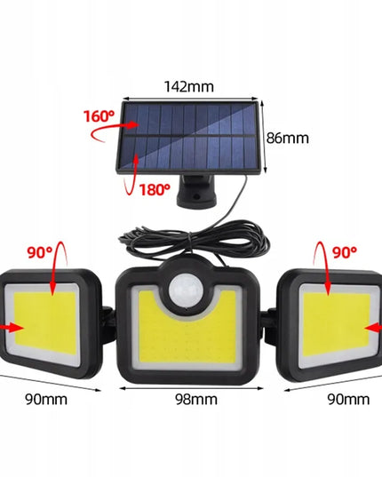 GALINGAS 3-in-1 LED COB SAULĖS ENERGIJOS ŠVIESTUVAS SU ATSKIRU SKYDELIU, JUDESIO IR PRIEBANDOS JUTIKLIU BEI NUOTOLINIO VALDYMO PULTU