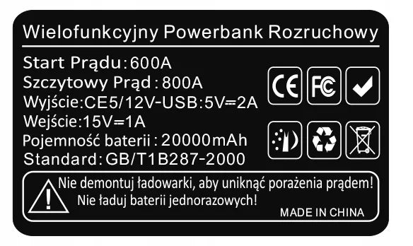 Galingas automobilinis užvediklis JUMP STARTER 20000mAh 12V su prožektoriumi