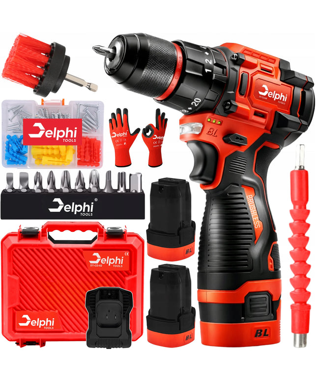 Galingas belaidis smūginis gręžtuvas-suktuvas su bešepetėliniu varikliu Delphi Tools, 2x akumuliatoriai