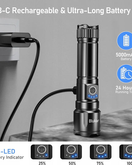 Galingas įkraunamas LED žibintuvėlis Blukar K9138, 2000lm, priartinimas, USB-C, IP67, dėklas