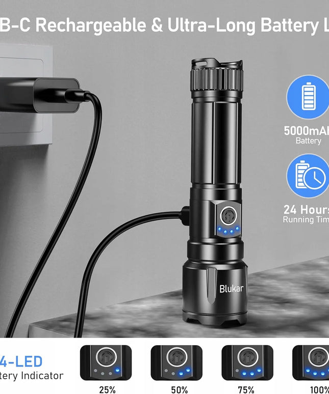 Galingas įkraunamas LED žibintuvėlis Blukar K9138, 2000lm, priartinimas, USB-C, IP67, dėklas