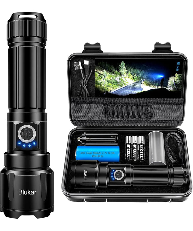 Galingas įkraunamas LED žibintuvėlis Blukar K9138, 2000lm, priartinimas, USB-C, IP67, dėklas