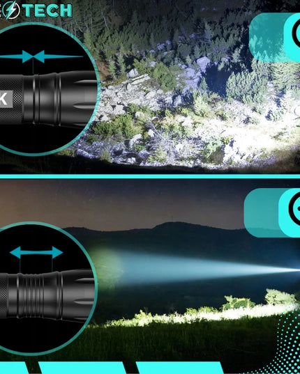 Galingas taktinis LED žibintuvėlis, 800 m, zoom, karinis, vandeniui atsparus, įkraunamas