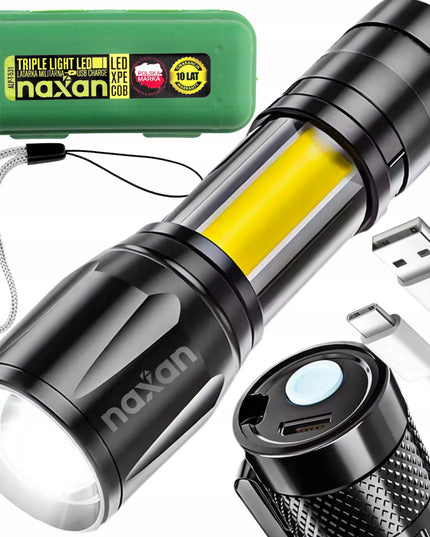 Galingas taktinis LED žibintuvėlis Naxan, akumuliatorinis, su priartinimo funkcija, 3 režimai + dėklas