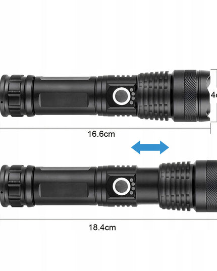 Galingas taktinis LED žibintuvėlis su priartinimu, 5 režimais, dėklu, USB ir baterijomis, modelis E953