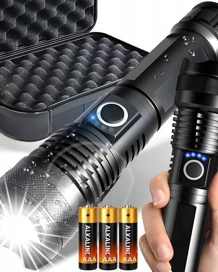 Galingas taktinis LED žibintuvėlis su priartinimu, 5 režimais, dėklu, USB ir baterijomis, modelis E953
