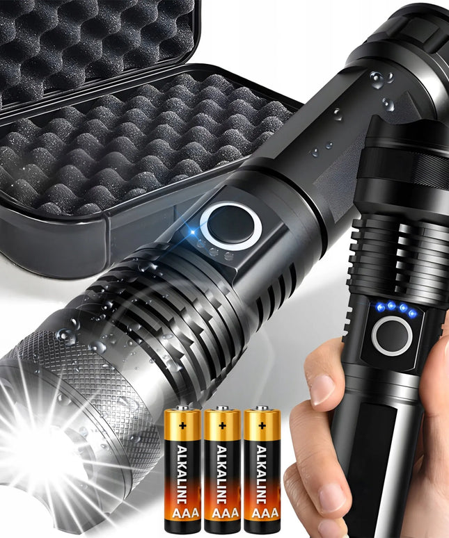 Galingas taktinis LED žibintuvėlis su priartinimu, 5 režimais, dėklu, USB ir baterijomis, modelis E953