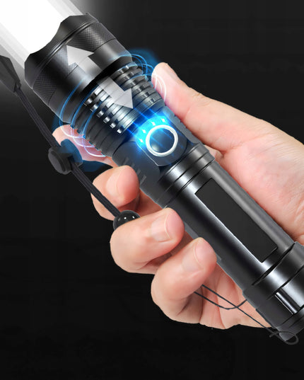 Galingas taktinis LED žibintuvėlis su priartinimu, 5 režimais, dėklu, USB ir baterijomis, modelis E953