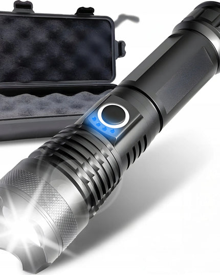 Galingas taktinis LED žibintuvėlis su priartinimu, 5 režimais, dėklu, USB ir baterijomis, modelis E953