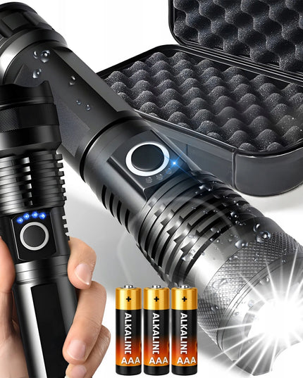 Galingas taktinis LED žibintuvėlis su priartinimu, 5 režimais, dėklu, USB ir baterijomis, modelis E953
