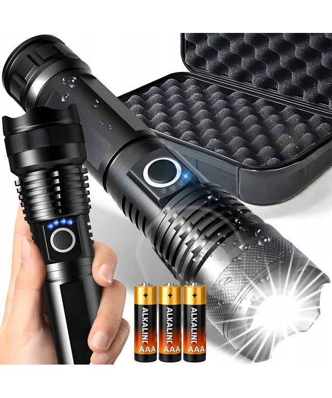 Galingas taktinis LED žibintuvėlis su priartinimu, 5 režimais, dėklu, USB ir baterijomis, modelis E953