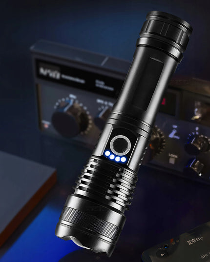 Galingas taktinis LED žibintuvėlis su priartinimu, 5 režimais, dėklu, USB ir baterijomis, modelis E953