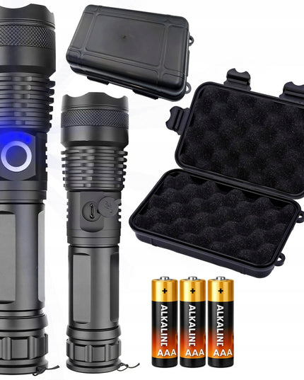 Galingas taktinis LED žibintuvėlis su priartinimu, 5 režimais, dėklu, USB ir baterijomis, modelis E953