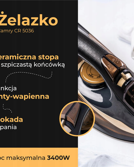 Garinis lygintuvas su keraminiu padu Camry 3400W su savaiminio išsivalymo funkcija ir apsauga nuo lašėjimo