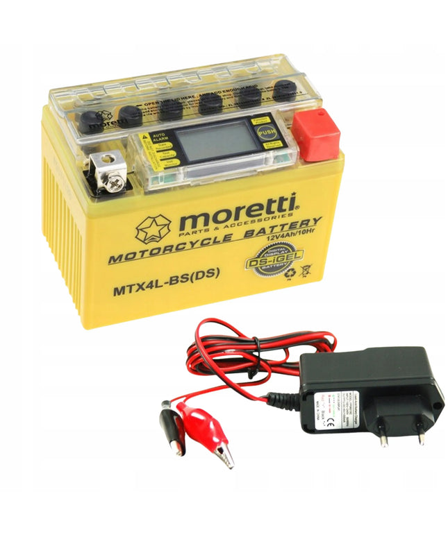 Gelinis LCD akumuliatorius MTX4L-BS YTX4L-BS 4Ah MORETTI + 12V įkroviklis