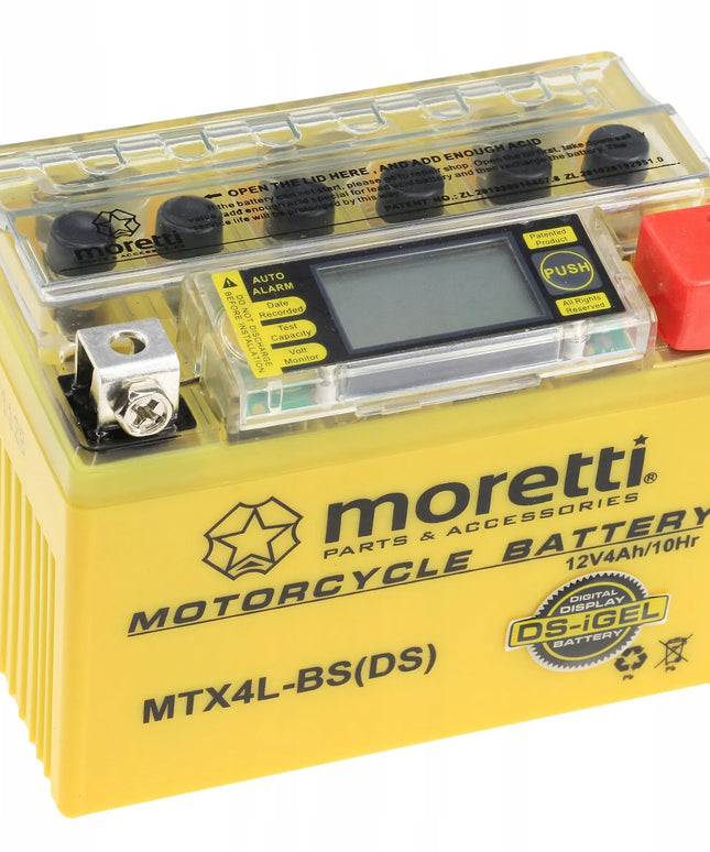 Gelinis LCD akumuliatorius MTX4L-BS YTX4L-BS 4Ah MORETTI + 12V įkroviklis